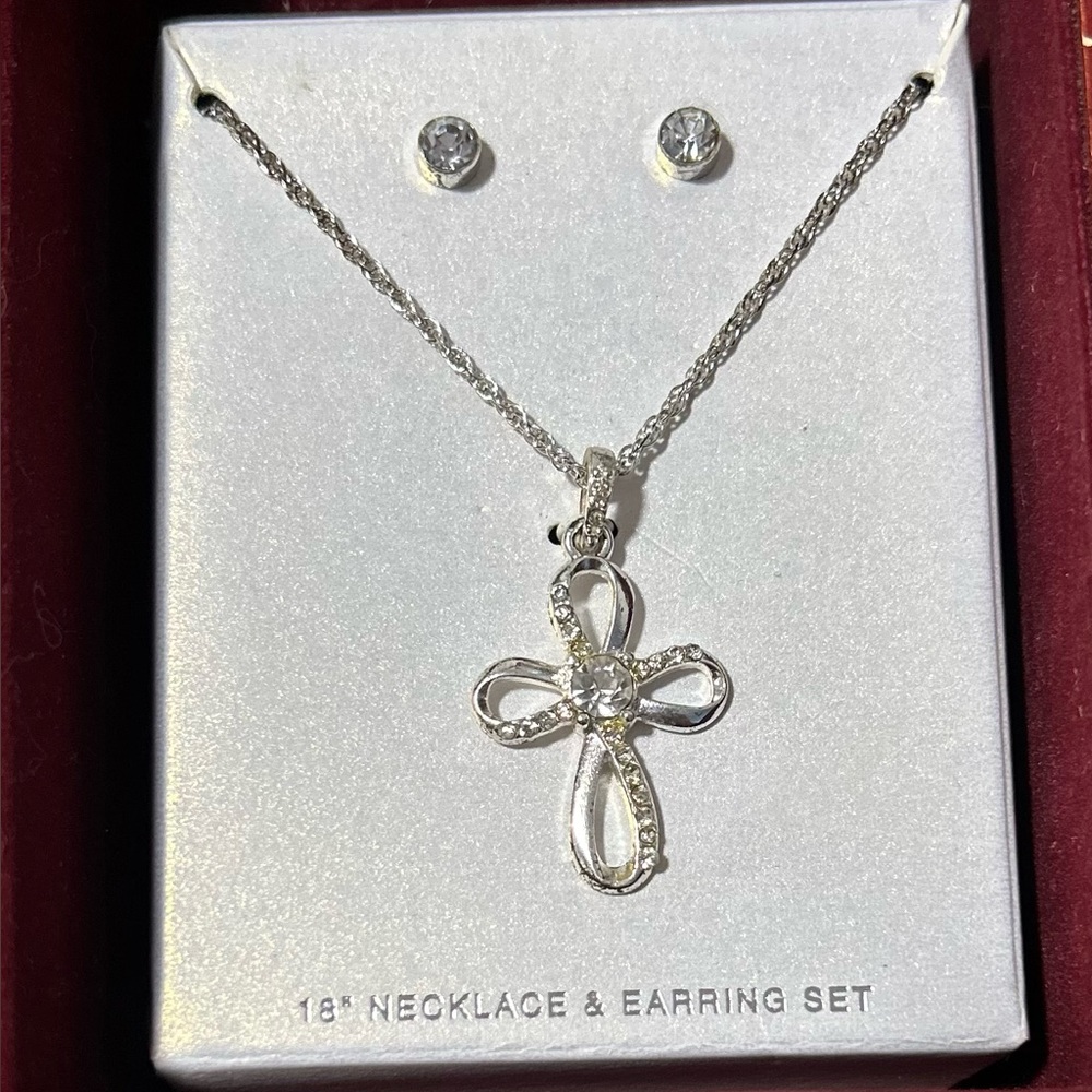 Vintage “Always Believe" infinity cross necklace and earring set